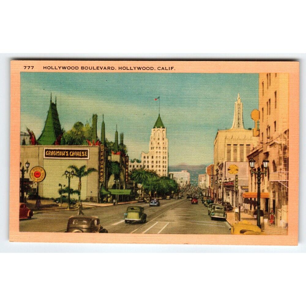 Hollywood Boulevard Street View California Linen Postcard Old Cars Gravmans TCL